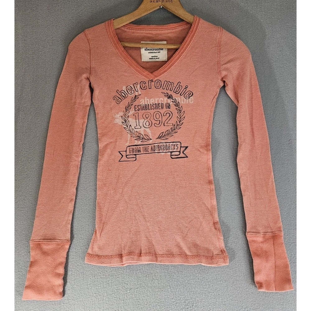 Vintage Abercrombie & Fitch Thermal Shirt Womens M Salmon/Coral Ribbed Knit Y2K